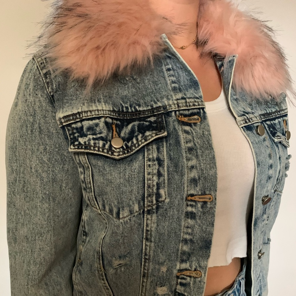 Honey Punch distressed denim jacket, pink fuax fur - Picture 2 of 4